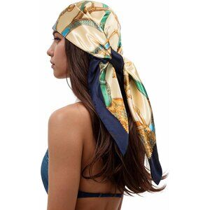 Women's Green/Blue Head Scarf Like Silk Printed Square Hair Bandanas 35 Inches